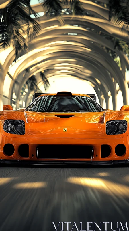 Aerodynamic orange supercar under parametric palm arcade.