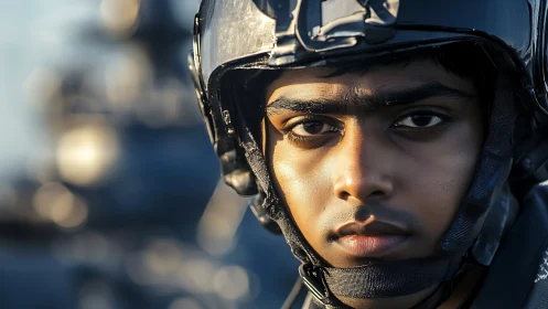 Young helmeted person in sharp outdoor close-up portrait.