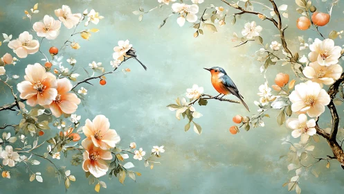 Soft blossoms cradle a bright songbird in gentle spring air