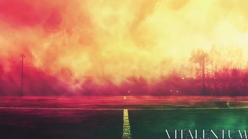 Empty sports field under intense red yellow gradient sky.