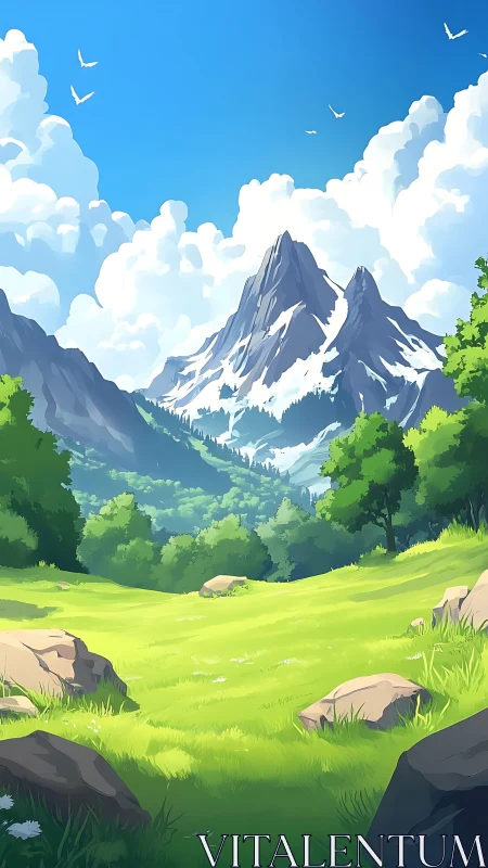 Sunlit alpine meadow before snowcapped twin mountain peaks