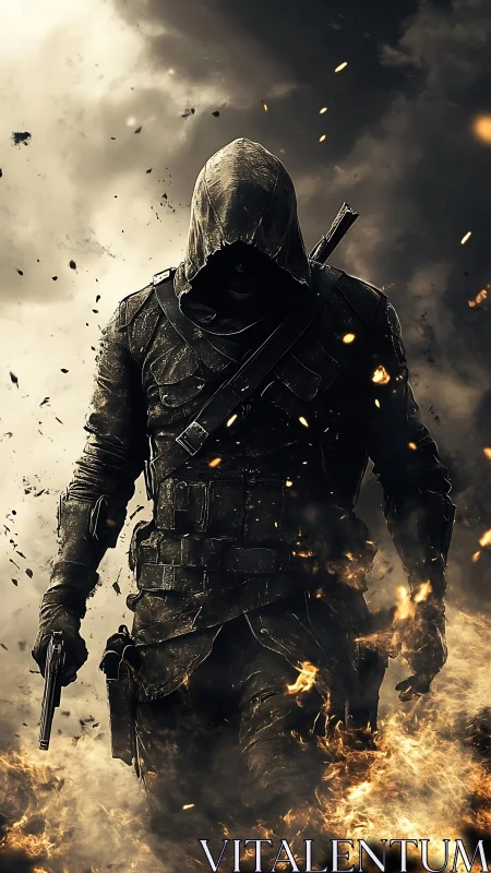 Hooded tactical operative advances through cinematic firestorm