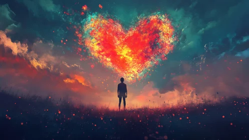 Silhouetted figure gazing at luminous heart formation in sky.