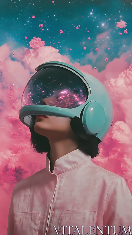 Cosmic reflection in visor of pastel blue astronaut helmet.