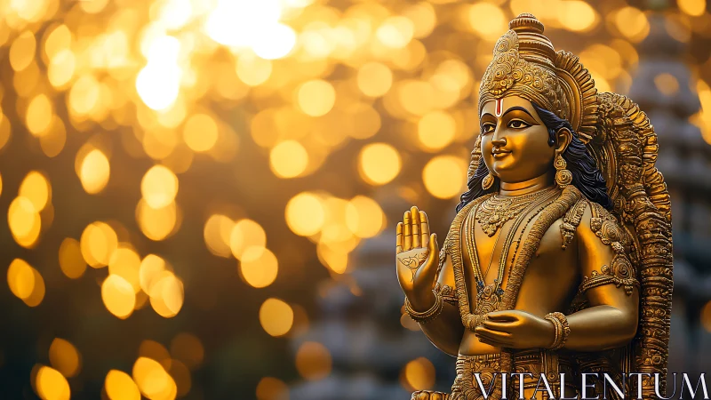 Gilded Hindu deity sculpture under defocused luminous bokeh field.