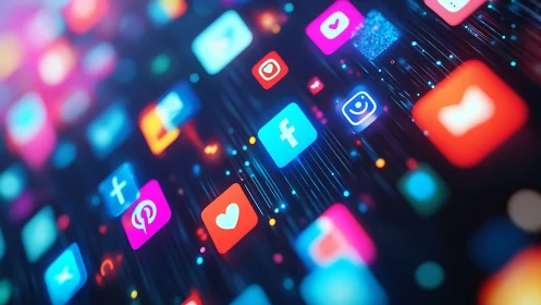 Social media icons glow across neon digital network grid.