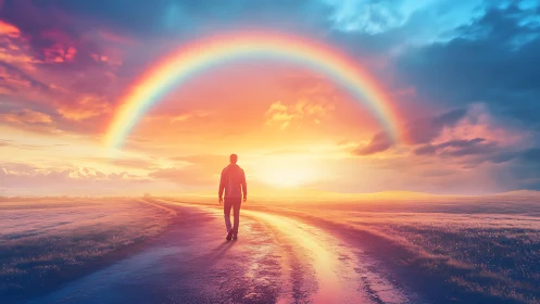 Digital painting of lone figure under radiant rainbow horizon.