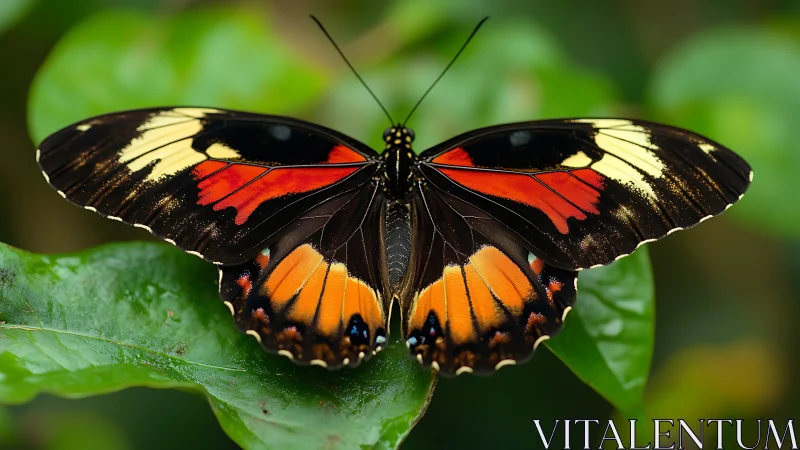Jewel-winged butterfly poised on rain-bright jungle leaf.