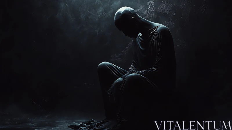 Solitary shrouded figure in shadowed light contemplates silence.