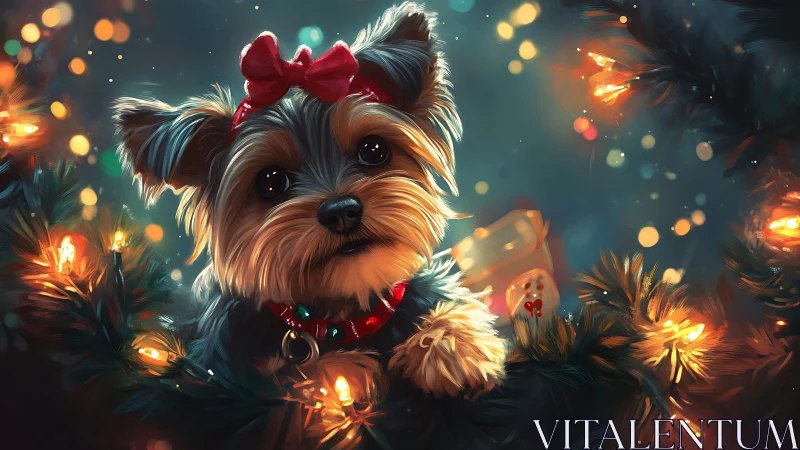 Yorkshire terrier gazes through glowing holiday wreath