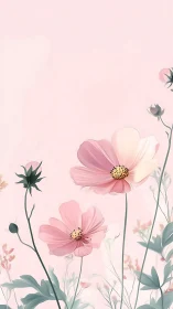 Soft-petaled cosmos flowers with botanical stem structures rendered in gradient watercolor technique