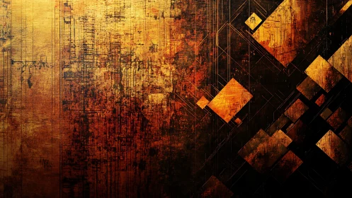 Abstract geometric gold and black art with textured digital effect.