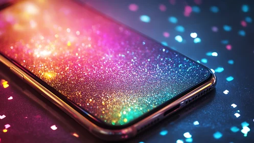 Macro closeup of smartphone screen with iridescent glitter bokeh
