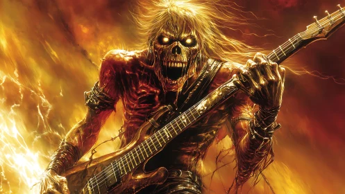Infernal skeletal guitarist shredding in blazing firestorm.
