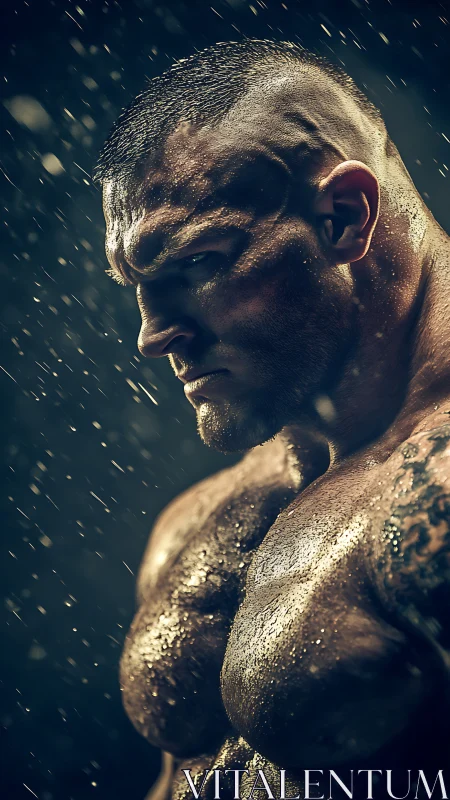 Stormlit titan glares through rain as muscles carve the dark