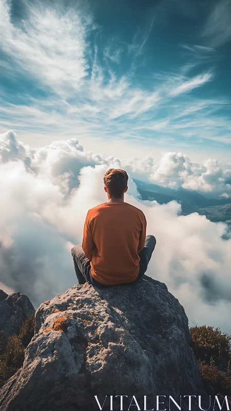 Person sits on rocky mountain summit above dense cloud layer