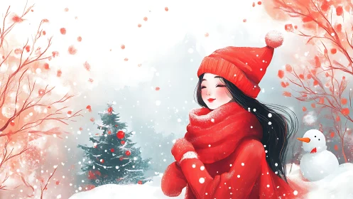 Winter girl in red coat and hat amid serene snowfall.