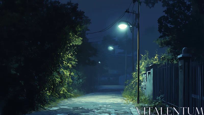 Night street scene shows lit alleyway with foliage and fence