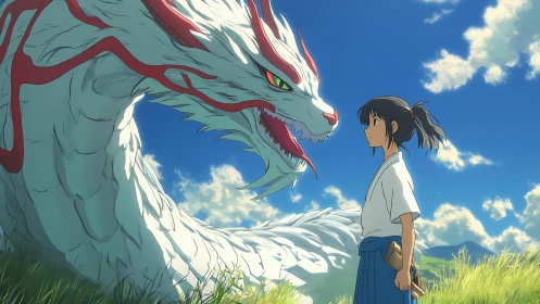 Girl facing large white dragon in bright open landscape.