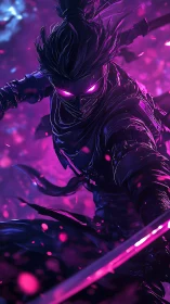 Neon-shadowed cyber ninja ignites a storm of violet embers.