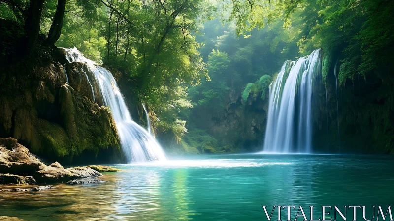 Twin waterfalls whisper through emerald forest light