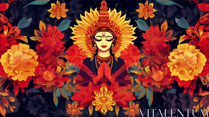 Radiant goddess portrait amid glowing red and golden blooms.
