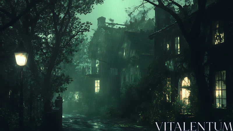 Rainy night street by old houses and glowing windows.