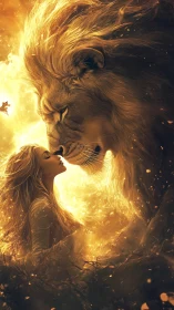 Sunlit lion and dreambound woman trade a silent promise