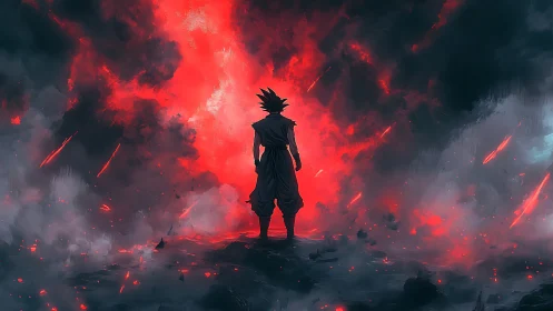 Warrior silhouette confronts blazing red storm horizon