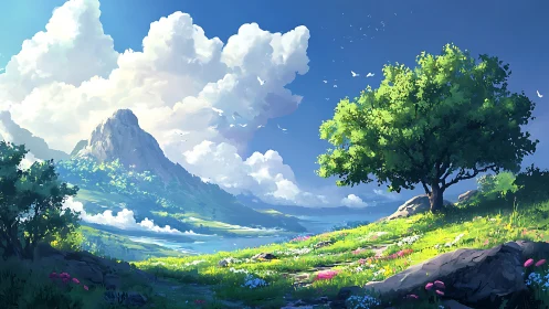 Mountain lake landscape under cumulus clouds at midday.