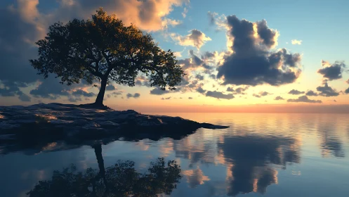 Solitary tree on rocky shore at calm reflective sunset.