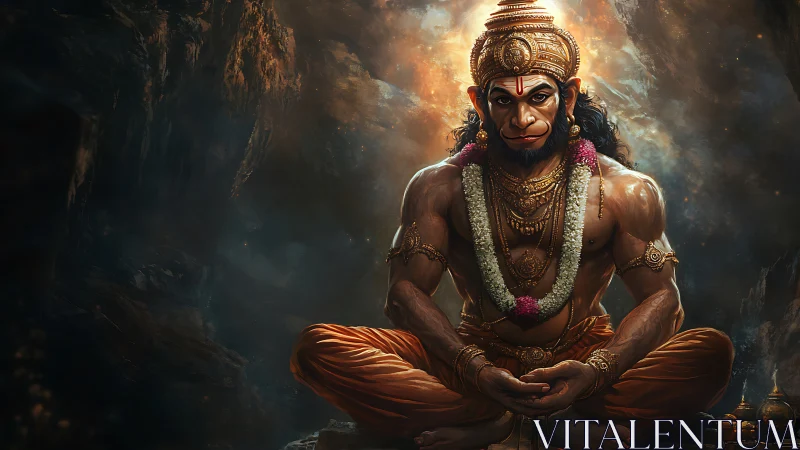 Hanuman figure sits cross-legged in a dramatic cave scene