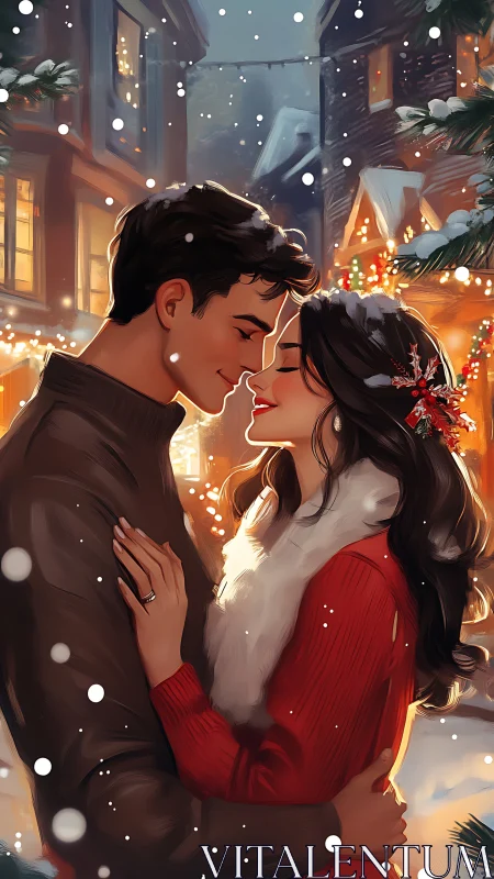 Couple embracing outdoors in snowy illuminated winter street.