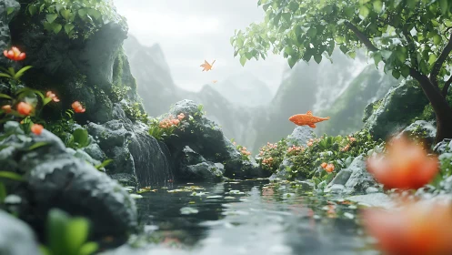 Volumetric-lit 3D pond with orange koi hovering above reflective water