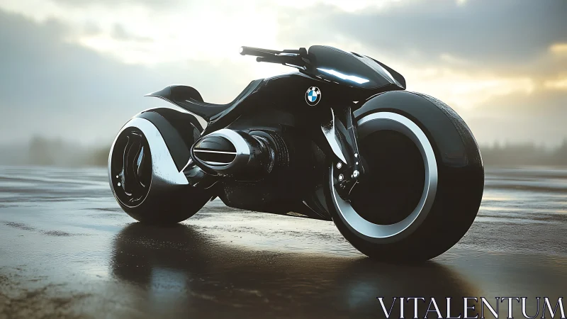 Futuristic BMW concept motorcycle stands on wet runway surface