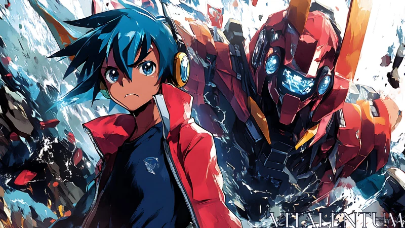 Blue haired boy with red mecha in dynamic battle scene.