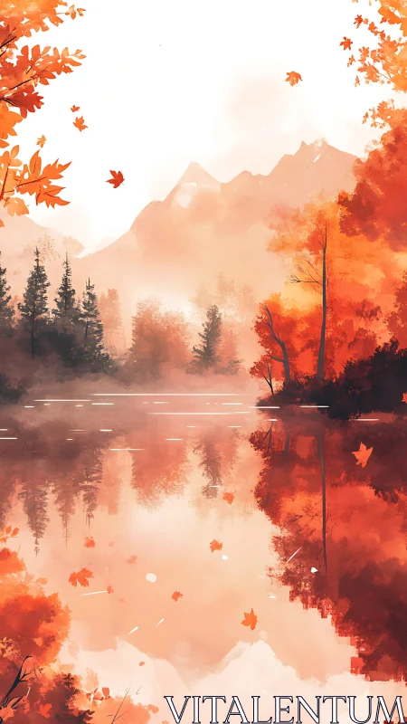 Autumn lake reflects blazing orange forest and distant peaks