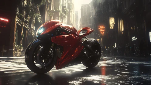 Red sport motorcycle on wet neon city street at night.