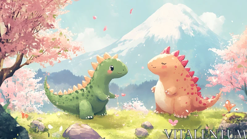 Cartoon dinosaurs stand under cherry blossoms near mountain