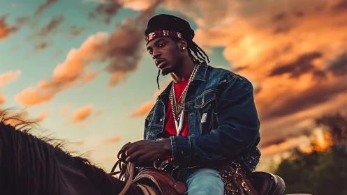 Urban cowboy drifts beneath wildfire skies at sundown.