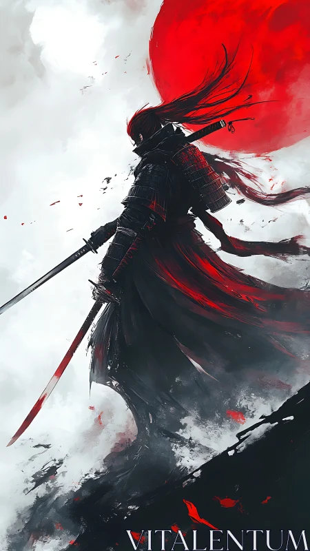 Lone samurai strides beneath a blood-red sun in stormy silence.