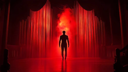 Silhouetted performer strides toward glowing red stage curtain