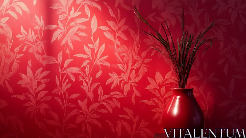 Photorealistic red vase against tonal botanical wall surface.
