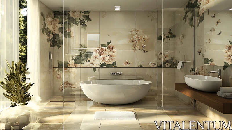 Luxurious floral bathroom with freestanding oval tub.