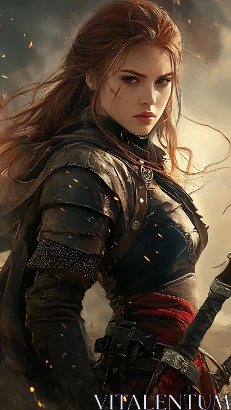 Fearless warrior heroine standing strong in glowing embers.