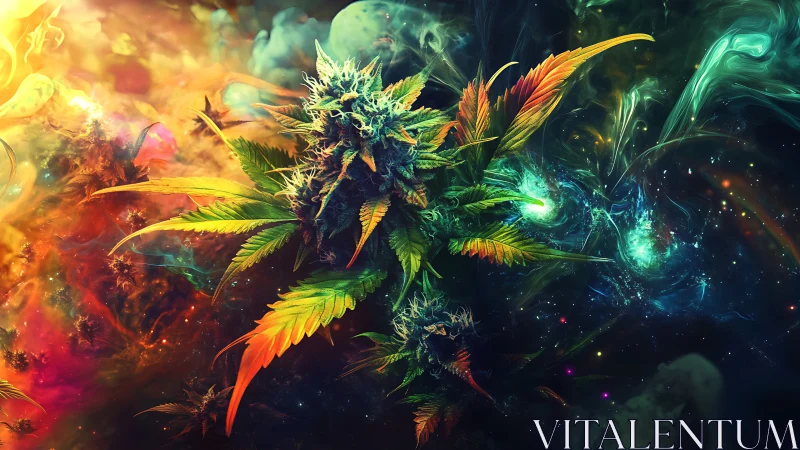 Psychedelic nebula cannabis bloom in cosmic digital painting.