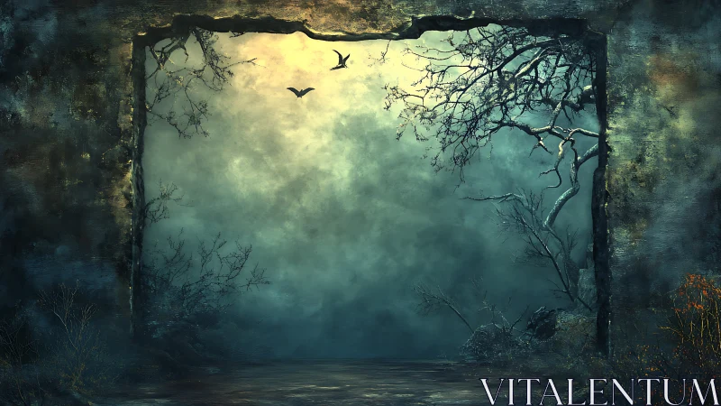 Threshold fogscape with eroded frame and skeletal trees.