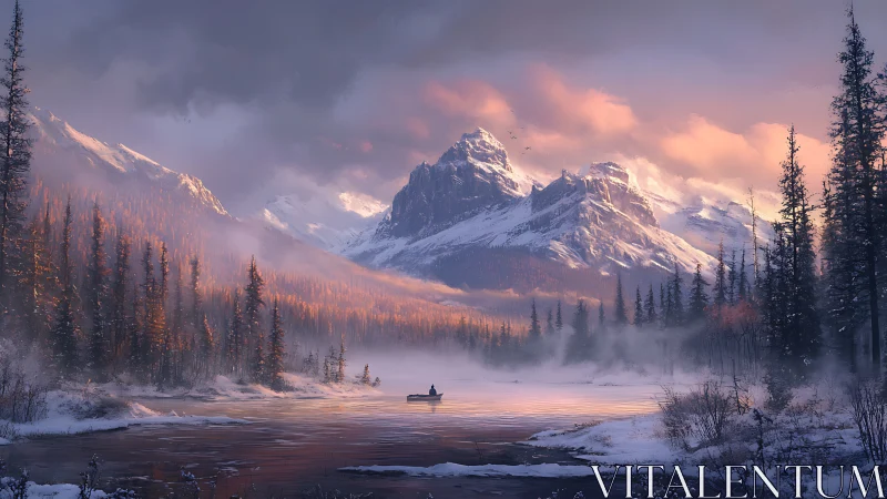 Solitary boat crosses a misty alpine lake at winter sunrise