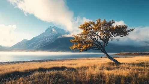 Solitary wind-bent tree guarding misty mountain shoreline.