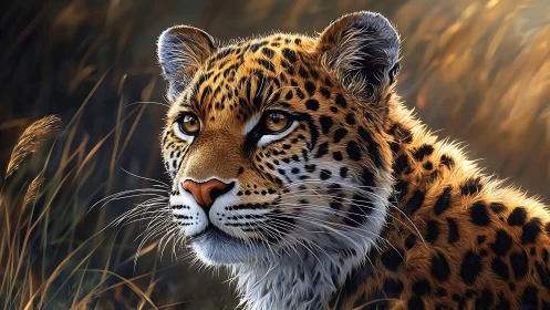 Leopard Portrait with Golden Hour Ambiance and Savanna Setting.